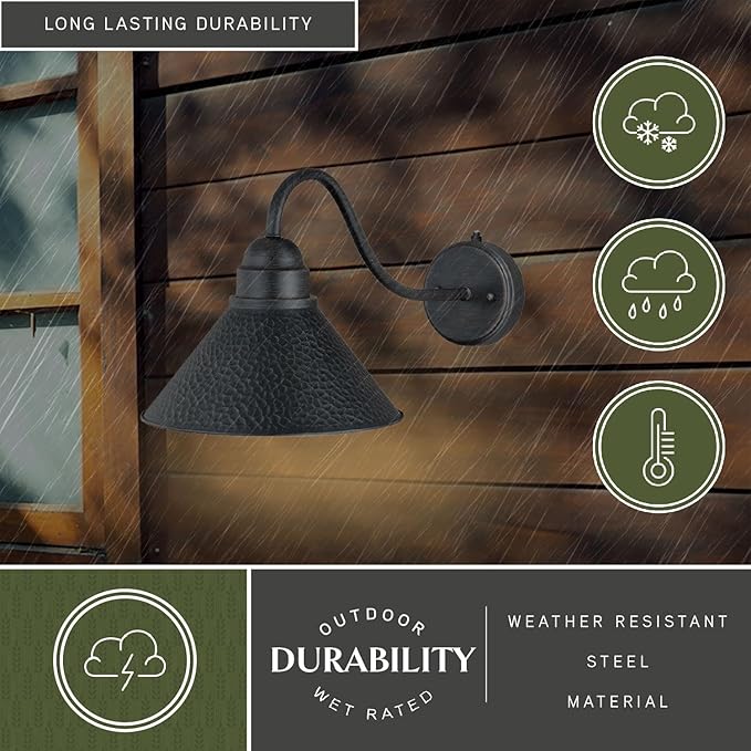 VAXCEL Outland 9.5 in. H 1-Light Aged Iron and Light Gold Dusk to Dawn Sensor Farmhouse Outdoor Wall Sconce, Gooseneck Metal Shade, Dark Sky Compliant for Exterior Porch Patio Front Door or Garage