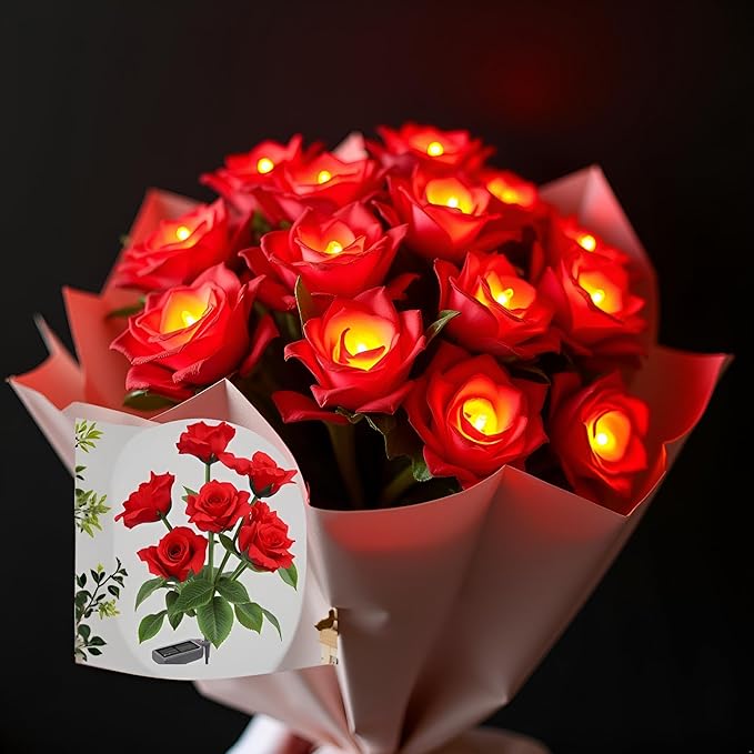 Solar Garden Rose Lights, 2 Pack MostRealistic 12 LED Flower Stake Lights, IP65 Waterproof 7 Color Changing Solar Decor for Walkway/Graveyard, Heartwarming Gifts for Grandma & Mom,Red