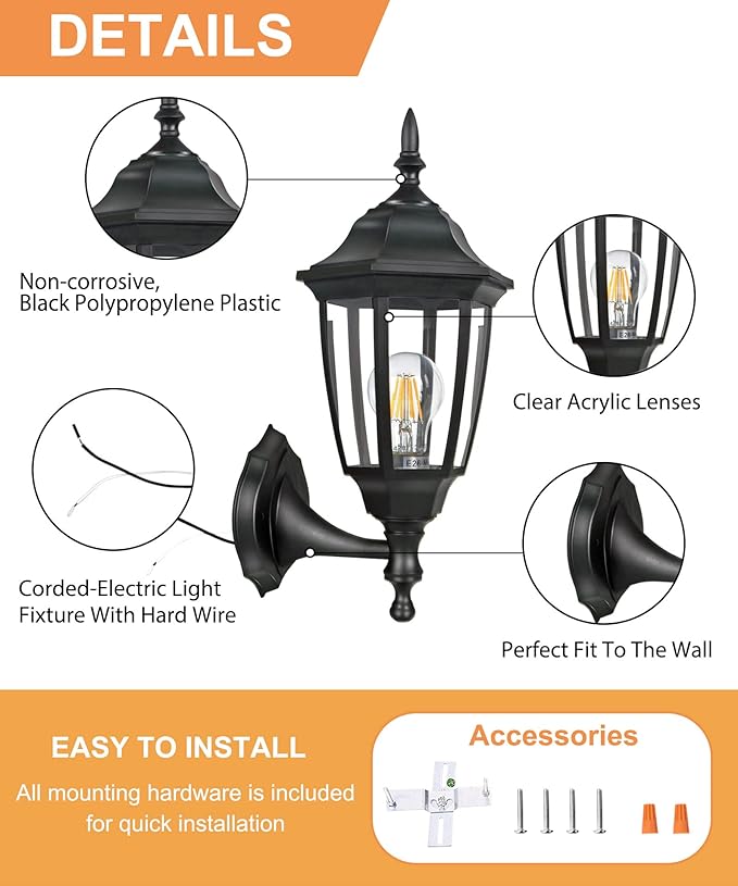 FUDESY Outdoor Wall Porch Lights, Exterior Waterproof Wall Sconce Light Fixture, Black Plastic Wall Lantern Wall Mount Lighting for Front Door, Garage, Patio, FDS341B2 (Bulb Included)