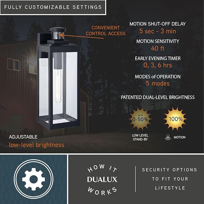 VAXCEL Kinzie Outdoor Porch Light, 6" W x 17.5" H Black Outdoor Lantern, Motion Sensor Wall Light for Porch, Patio | Lumora