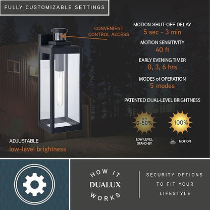 VAXCEL Kinzie Outdoor Porch Light, 6" W x 17.5" H Black Outdoor Lantern, Motion Sensor Wall Light for Porch, Patio, Deck, or Front Door