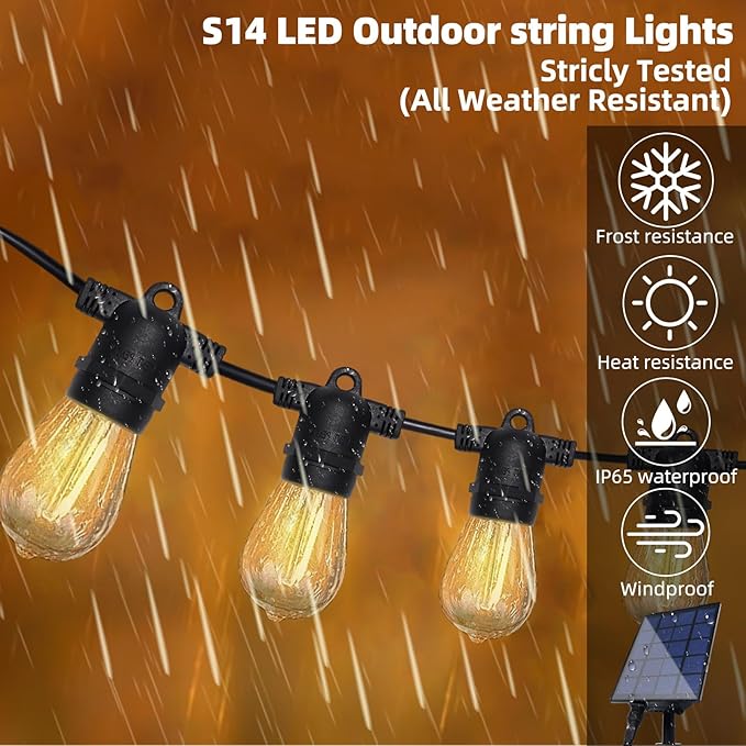 35FT Solar String Lights, 2200K S14 LED Globe Outdoor Lights for Patio with 16 Edison Vintage Shatterproof Bulbs, Connectable Backyard Lights for Bistro, Porch, Cafe