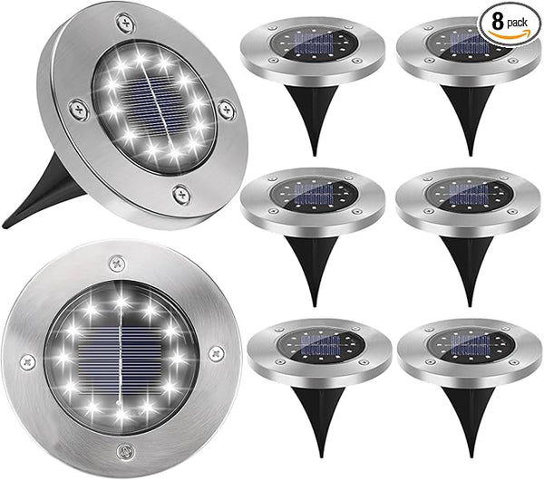 8 Pack Solar Ground Lights, Modern Outdoor Waterproof LED Landscape Lights, Cold Color, 12 LEDs Each, Pathway | Lumora