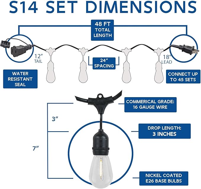 Novelty Lights 48 Feet Warm White, 2200K LED String Lights Outdoor with 24 Edison Style Bulbs, Suspended Sockets, Black Wire, Shatterproof and Weatherproof Patio String Lights for Backyard