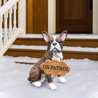 Outdoor Boston Terrier Dog Statue with Interchangeable Welcome Sign and Detachable Solar Lantern –LED Light Garden Dog Sculpture Décor, Cute Puppy Design for Yard, Porch, Gift