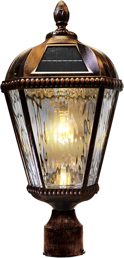 Gama Sonic Outdoor Solar Post Light, Brushed Bronze Finish Aluminum, Royal Bulb, Clear Rain Glass, 3-inch Fitter | Lumora