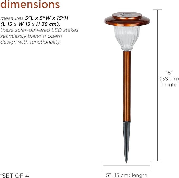 Alpine Corporation LBM174SLR-4 Solar Copper Stainless Steel Pathway LED Lights, 15" H, Bronze, Set of 4