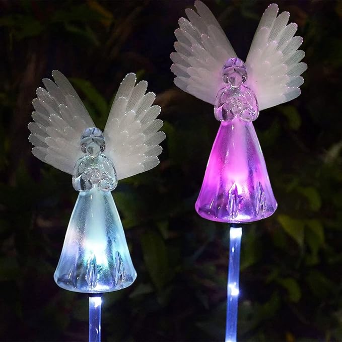 2 Packs Solar Angel Lights Outdoor, Color Changing Landscape Path Lights, Waterproof Cemetery Decorations for Grave, Memorial Garden, Backyard, Lawn, Pathway