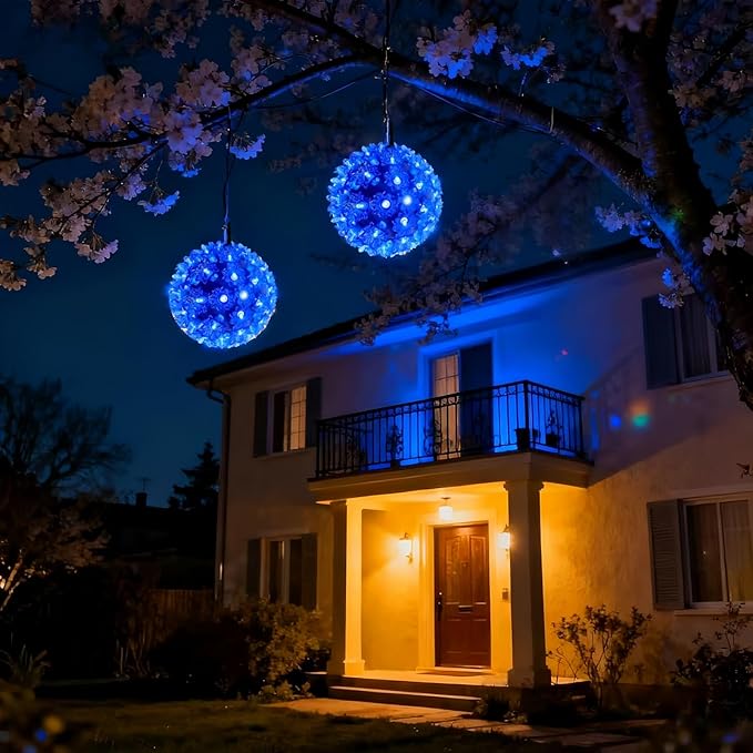 LUCKY SHINE 50 LED Blue Sphere Light, Commercial Grade 6" Starlight Sphere Lights, for Christmas Trees, Windows, Porches, Gate.