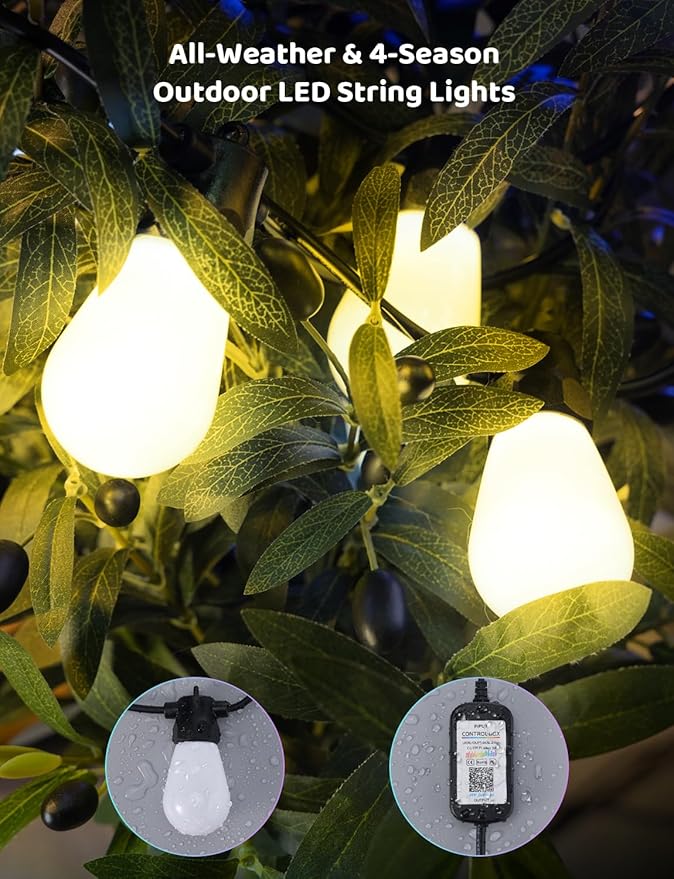 IP67 Waterproof DIY Design 100FT 30LEDS Smart RGB+IC Outdoor String Lights,Color Changing Bluetooth S14 LED Patio Lights with Remote&APP for Outside