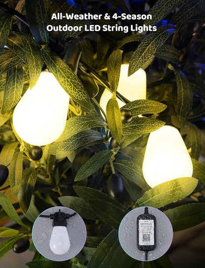IP67 Waterproof DIY Design 65.6FT 20LEDS Smart RGB+IC Outdoor String Lights,Color Changing Bluetooth S14 LED Patio Lights with Remote&APP for Outside,Themable for Football Clubs,Patio,bar,café