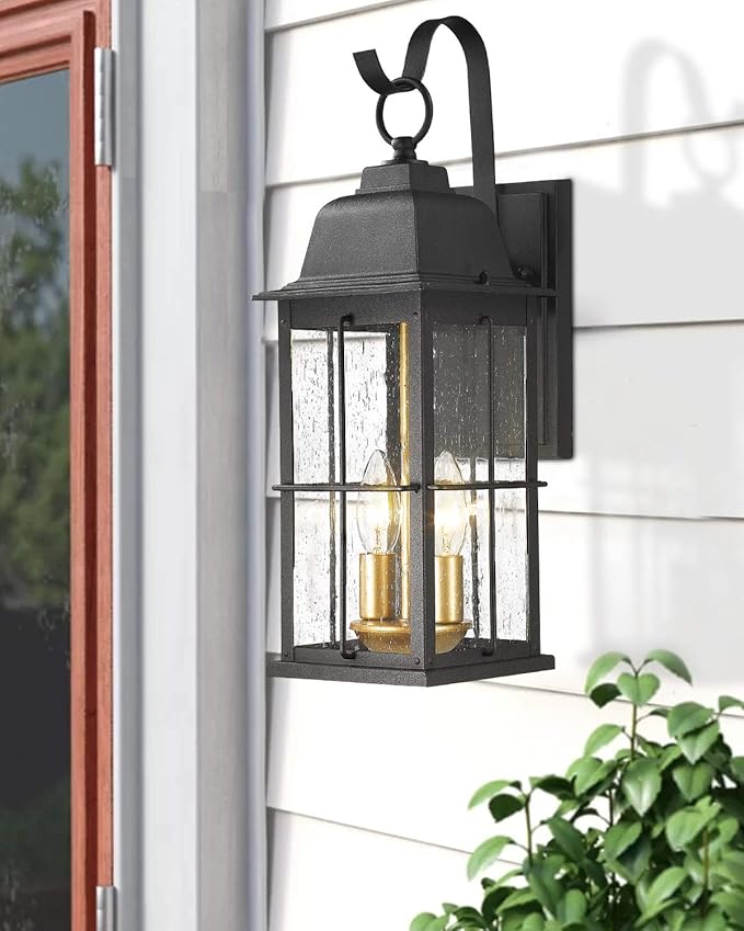 Zeyu Exterior Porch Light Fixtures, 17 inch Outdoor Wall Sconce for House in Black and Gold Finish with Seeded Glass Shade, 20071B2
