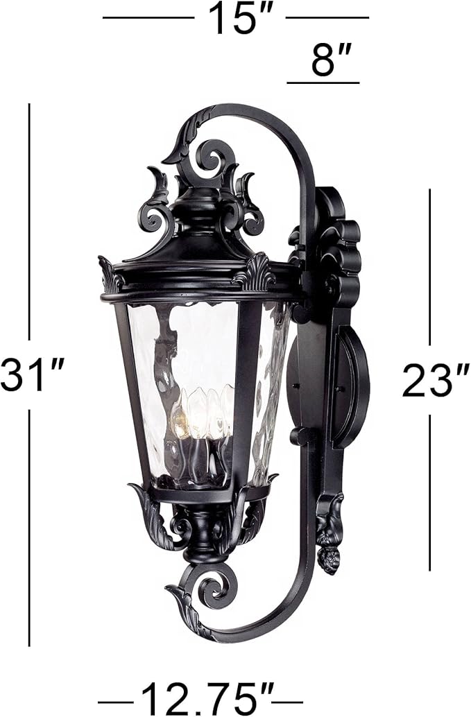 John Timberland Casa Marseille European Outdoor Wall Light Fixture Textured Black Scroll Arm 31" Clear Hammered | Lumora