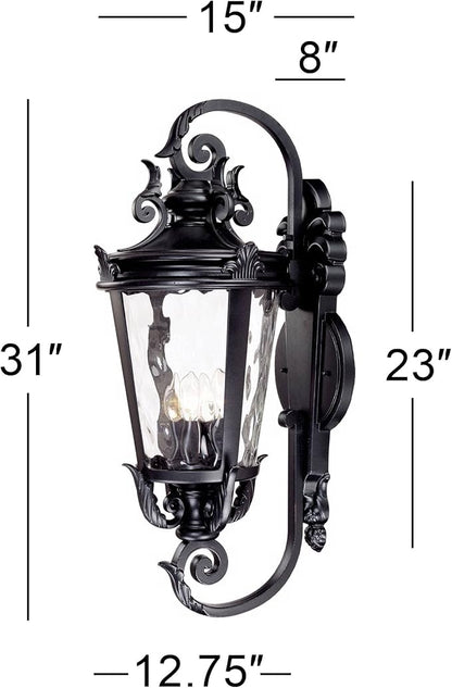 John Timberland Casa Marseille European Outdoor Wall Light Fixture Textured Black Scroll Arm 31" Clear Hammered Glass for Exterior House Porch Patio Outside Deck Garage Yard Front Door Home