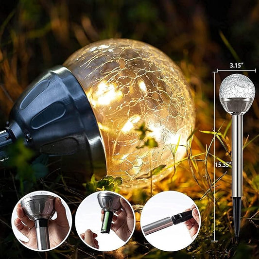 Solar Outdoor Lights, 4Pack Glass Cracked Ball LED Solar Garden Decorative Globe Light,Solar Stake Garden Lamp,Waterproof Solar Pathway Light for Patio Yard Lawn Decor (Warm White)
