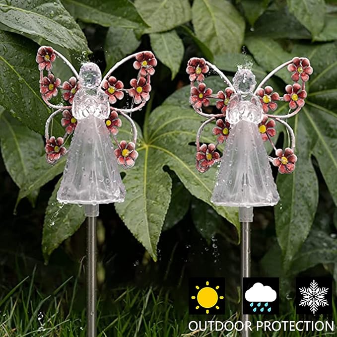2pcs Fairy Garden Ornaments Outdoor Solar Pathway Lights, Flower Fairy Resin Figurine Lamp for Courtyard Lawn, Commemorate Gift (Pink)