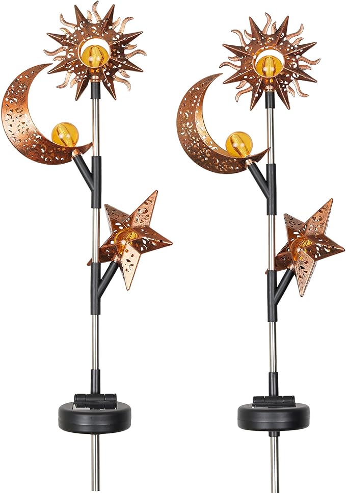 Alpine Corporation 38" Tall Solar Celestial Garden Stakes with Warm White LED Lights Sun, Moon and Star, Outdoor Decor - Set of 2
