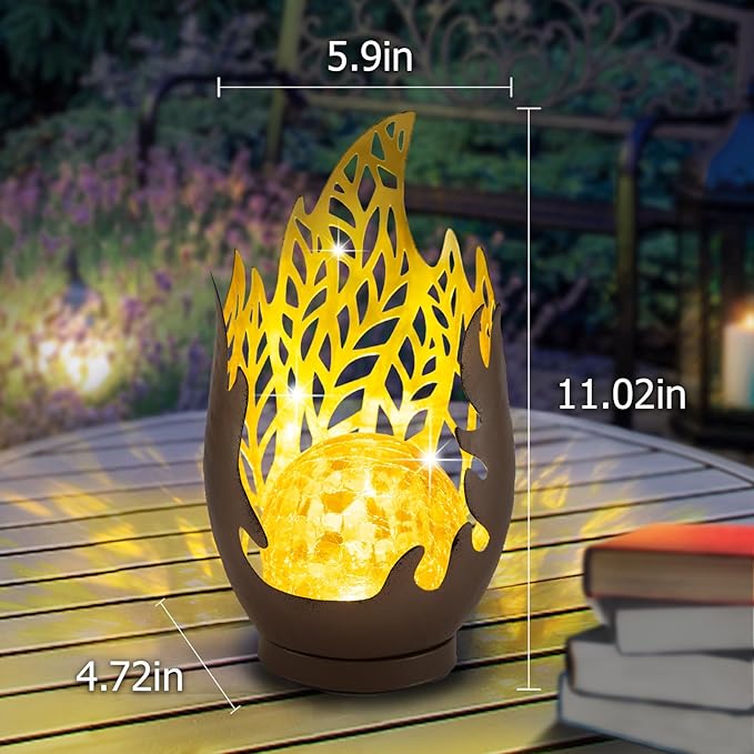 Huaxu Solar Lights Outdoor Decor Waterproof Metal Cracked Glass Globe with Copper Flame Effect, Table Decorations LED Lamp Gift for Garden Lovers Mom Women Patio Lawn Yard Pathway Outside