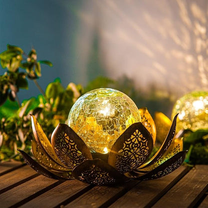 DUSVALLY Lotus Solar Light Outdoor Garden Decoration for Patio, Lawn, Walkway, Tabletop, Waterproof Metal Lotus & Glass Globe Emit Crackle Light, Golden