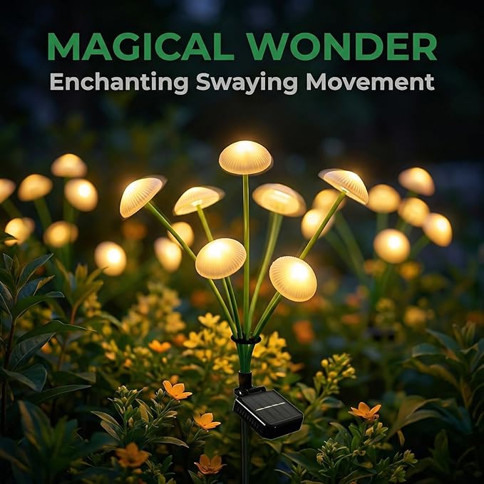 4 Pack Solar Garden Lights, 32 LEDs Swaying Mushroom Lights with 8 Lighting Modes, IP65 Waterproof Outdoor Decor for Garden, Yard, Patio, Pathway (Warm White)