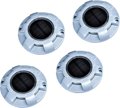 Solar Round Dock Light Waterproof Cast Aluminum Solar Deck Light 6LED Auto On/Off Security Warning Light for Driveway Path Step Pool Patio Garden (4-Pack)