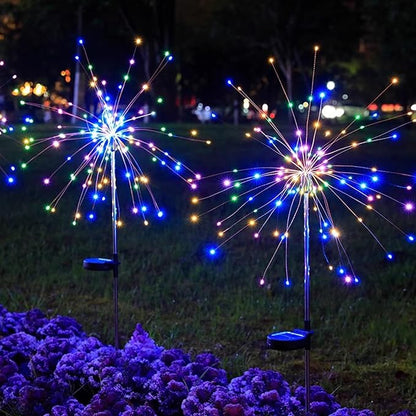 Solar Garden Firework Lights Outdoor Waterproof, 2 Pack 200 LED 8 Lighting Modes Sparklers Solar Twinkling Starburst Lights for Yard Flowerbed Pathway Fence Decorations, Multicolor