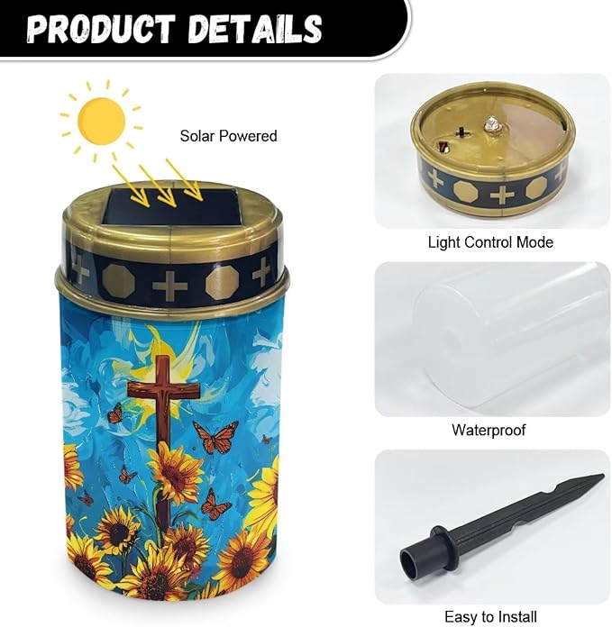 Sunflower Cross Outdoor Solar Garden Lights,Waterproof Solar Outdoor Lights,Solar Stake Lights for Cemetery Grave Garden Patio Yard Lawn Decoration