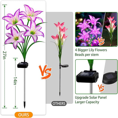 Solar Garden Lights 4 Pack 16 Purple Lily Flowers, Gifts for Mom Woman Birthday Outdoor Solar Flower Lights,Cemetery Flowers for Grave - Decorative Lilies for Yard, Patio, Pathway Decorations