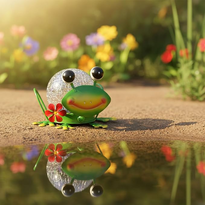 Solar Lights Outdoor Frog Garden Decor with Crackle Glass Globe Lights - Cute Metal Frog Decor for Yard Lawn Patio | Lumora