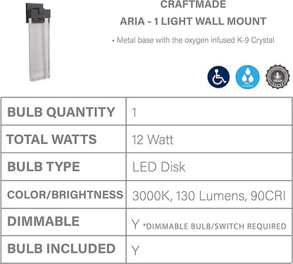 Craftmade Z1624-SA-LED Aria Crystal Outdoor LED Wall Sconce, Satin Aluminum 1-Light (7"W x 23"H) 12 Watts