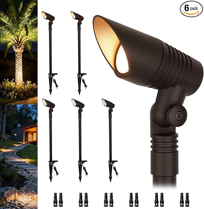 Mini LED Landscape Spotlights, 16'' Tall Pole, 5CCT 5W 12 Volt Wired Low Voltage Bronze Landscape Small Spotlights for Outdoor Tree Flag House Pathway Driveway, 60° Beam Angle, 6PK