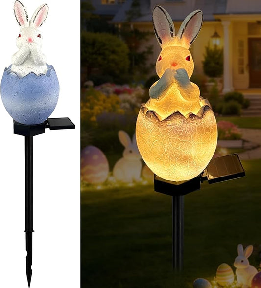 Solar Easter Egg Bunny Lights Outdoor, Waterproof Easter Solar Lights Rabbit Bunny Garden Statue Easters Yard Egg Decorations Outdoor for Outside Cemetery Grave (Blue Don't Speak)