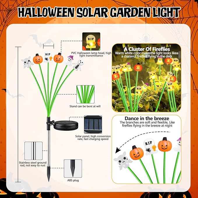 Halloween Solar Garden Lights Outdoor, 4 Pack 24 LED Firefly Swaying Lights with Pumpkin Ghost Skeleton Tombstone Decor, 6 Heads Waterproof Pathway Yard Lawn Graveyard Decorations(4 Pack-HW LEDs)