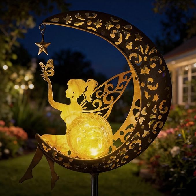 Solar Moon Stake Light, Fairy Garden Sculpture, Outdoor Waterproof Yard Art for Patio Lawn Decor, Mother's Day Spring Easter Gifts for Mom Grandma Women, Housewarming House Gift, Easy Install