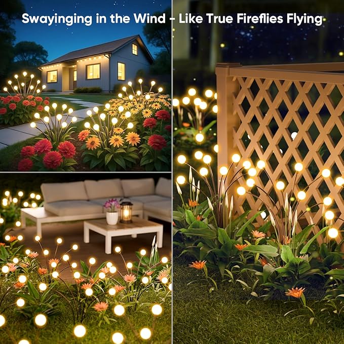 Solar Lights Outdoor Waterproof: 8 Pack 64 LED Swaying Firefly Solar Powered Garden Lights - Warm LED Lighting Outside Pathway Yard Patio Decorations - Unique Gardening Gifts for Women Mom