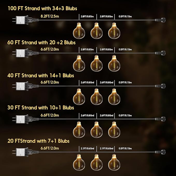 Outdoor String Lights 40ft LED Hanging Globe Patio Lights with G40 Shatterproof Bulbs(14+1 Bulbs), Waterproof Connectable Hanging Light for Indoor Outdoor Decor Garden Camping Backyard Porch