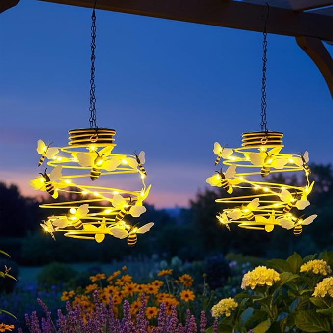 2 Pack Bee Solar Lights Outdoor Garden Decor,Bee Decorations Hanging Solar Lantern,Hanging Garden Decor for Outside Patio Yard Porch Pathway,Outdoor Gifts for Women