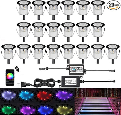 WiFi Controlled LED Deck Lights Multi Color RGB Outdoor IP67 Waterproof Φ1.18 Low Voltage Step In-Ground Lights,Smart Phone APP Controlled,Compatible with Alexa Echo and Google Home(20Pcs)