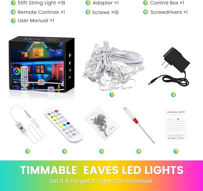 Permanent Lights for Outside House, 50 FT RGB Women's Day Outdoor Lights, App, Bluetooth Music, Ip67, Christmas Permanent Led Outdoor Lighting for Soffit Fence Garage Landscape Patio.