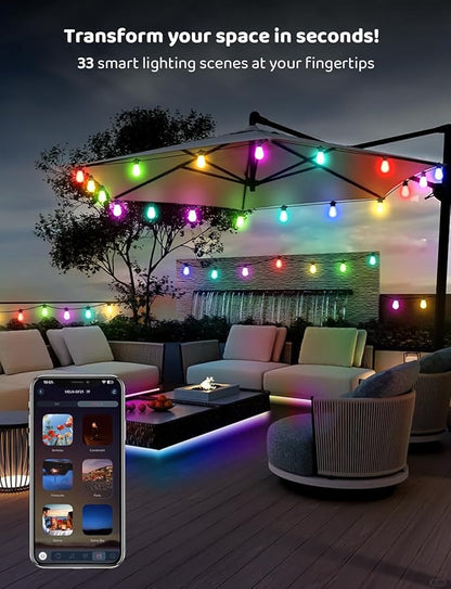 IP67 Waterproof DIY Design 100FT 30LEDS Smart RGB+IC Outdoor String Lights,Color Changing Bluetooth S14 LED Patio Lights with Remote&APP for Outside