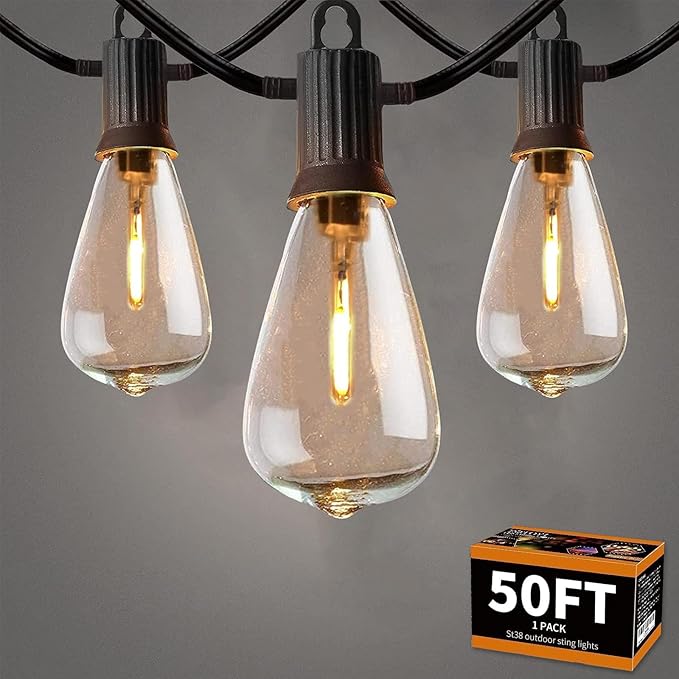 ZOTOYI Outdoor String Lights 50 FT, Waterproof IP65 Outside Light with 27 LED Plastic ST38 Edison Bulbs, Patio Hanging Lights for Backyard, Garden, Gazebo, Cafe Dimmable 2700K