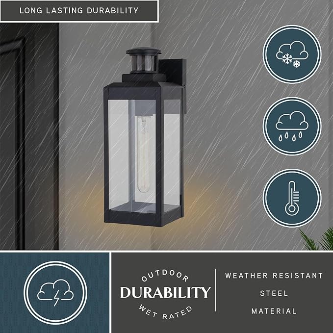 VAXCEL Kinzie Outdoor Porch Light, 5" W x 13.75" H Black Outdoor Lantern, Motion Sensor Wall Light for Porch | Lumora