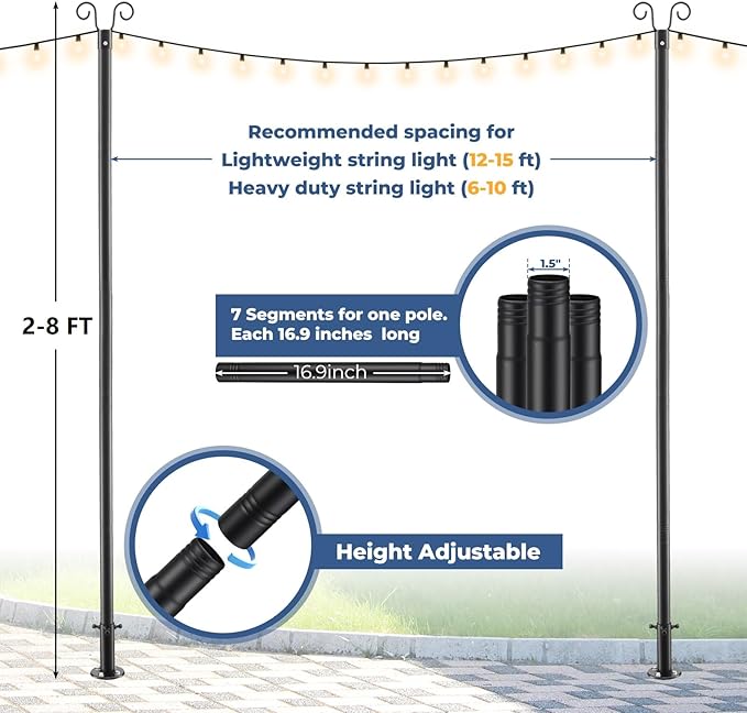 Adjustable String Light Pole 8 FT, 1 Pack Heavy Duty 38mm Rustproof Metal Mounting Pole for Deck, Fence, Patio | Lumora