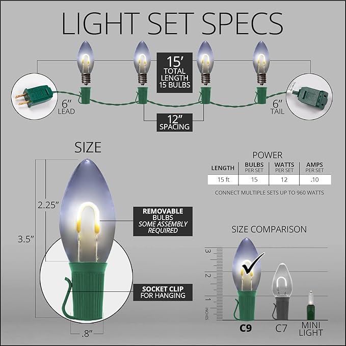 15' FlexFilament LED Cool White C9 Christmas Lights Outdoor String Lights, Shatterproof Edison Bulb String Lights | Lumora