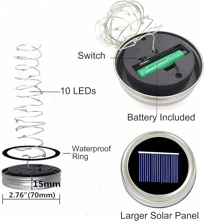 Decorman Solar Mason Jar Lid Lights, 6 Pack 10 LED Waterproof String Fairy Star Firefly Jar Lids Lights for Patio | Lumora