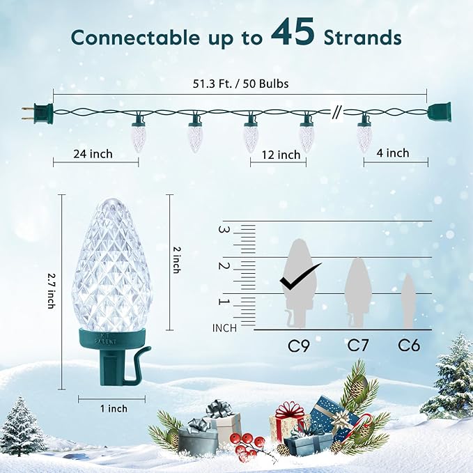 Moonflor C9 LED Christmas Lights Outdoor with 50 Spring Clips, 50ft 50 LED Waterproof Strawberry String Lights | Lumora