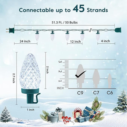 Moonflor C9 LED Christmas Lights Outdoor with 50 Spring Clips, 50ft 50 LED Waterproof Strawberry String Lights, Commercial Grade Extendable Perfect for Roofline Patio House Xmas Decor, Pure White