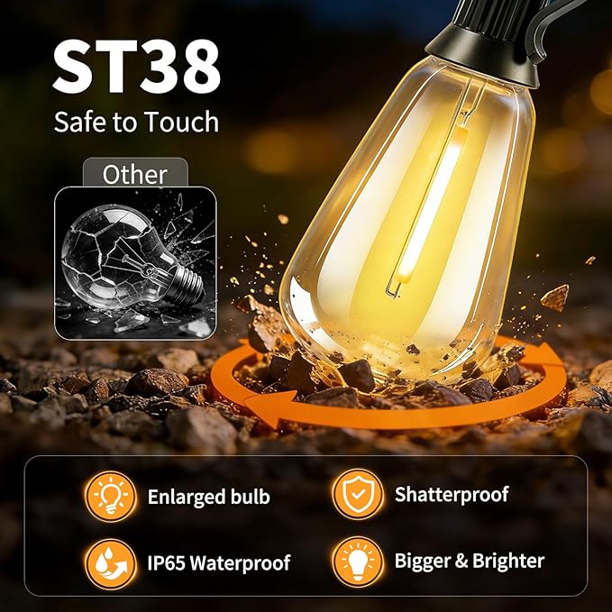 Solar Lights Outdoor Waterproof: ST38 50FT 15M Shatterproof Bulbs Patio Lights - Solar Powered & USB Charging | Lumora