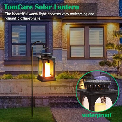 TomCare Solar Lights Flickering Flame Upgraded Metal Solar Lantern Outdoor Hanging Decorative Lanterns Heavy Duty Solar Powered Waterproof Outdoor Lighting for Patio Garden Deck Yard, 2 Pack (Black)
