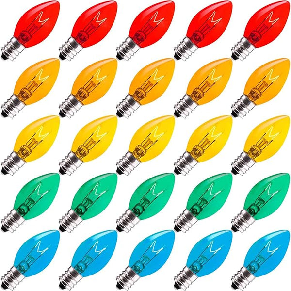 Minetom 25 Pack C7 Christmas Replacement Light Bulbs, Transparent Blubs for C7 String Lights, E12 Candelabra | Lumora